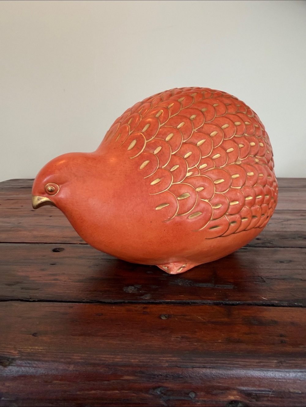 Vintage Decorative Ceramic Bird Sculpture in Coral with Gold Accents.